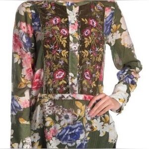 ARATTA Silent Journey Green Floral Embroidered Velvet Boho Top Size XS